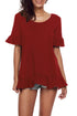 Sexy Wine Ruffle Trim Short Sleeve Flowy Top